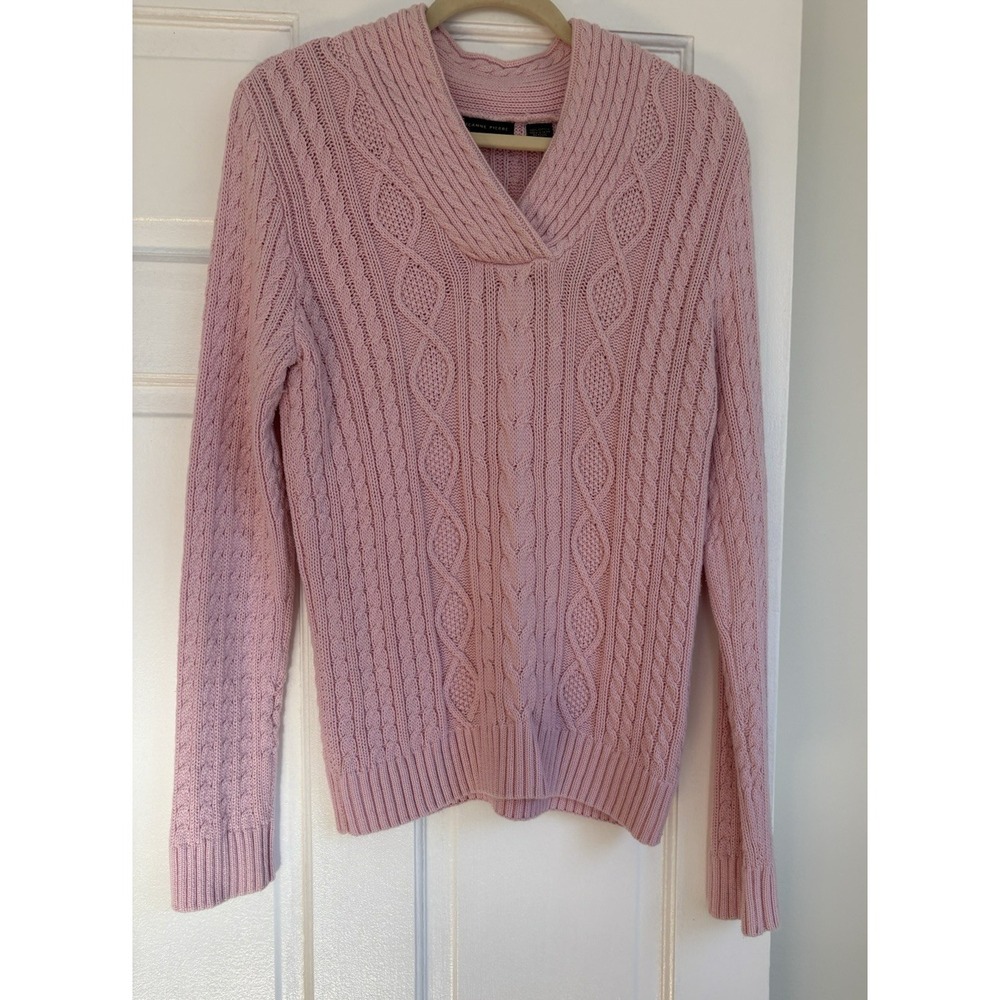 Jeanne Pierre Pink Cable Knit Sweater 100% Cotton V-Neck Pullover Womens Large